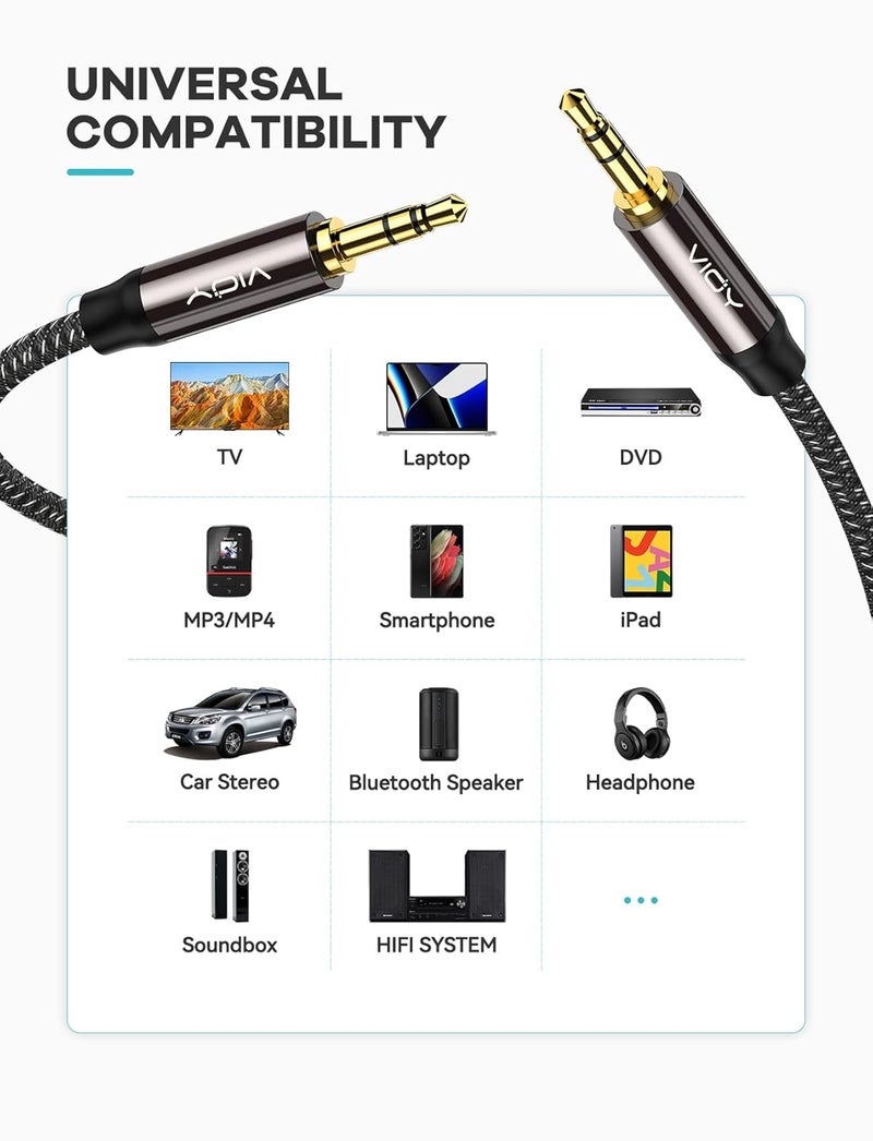 VIOY Aux Cable (6.6 ft), [Copper Shell, Hi-Fi Sound] 3.5 mm Male to Male Braided Auxiliary Cord Compatible with Headphone, Smartphone, Home/Car Stereo, Speaker, Echo & More - Image 2